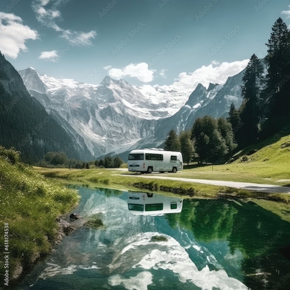 Motorhome camper van RV road trip. People on travel vacation adventure ...