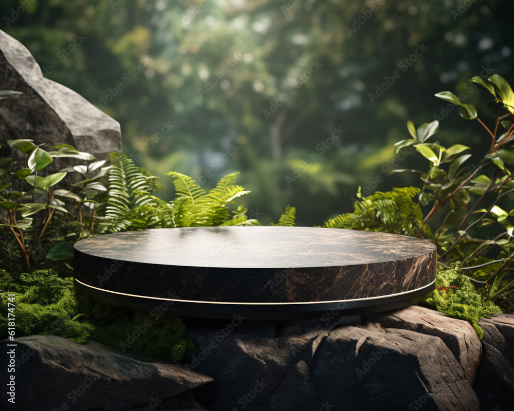 Nature-Inspired Stone Product Display Podium Against a Serene Garden Backdrop: Showcasing Elegance and Harmony Generative ai Nature-Inspired Stone Product Display Podium Against a Serene Garden Backdrop: Showcasing Elegance and Harmony Generative ai