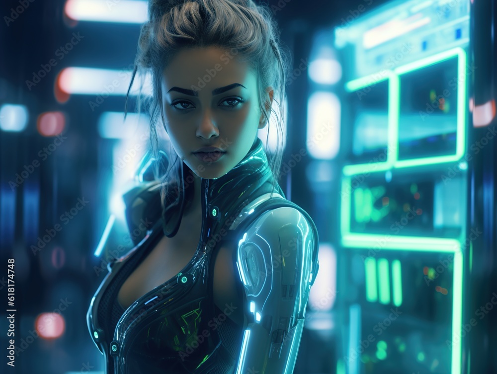 Cyberpunk girl inside a high-tech lab, surrounded by holographic screens (Genereative AI)