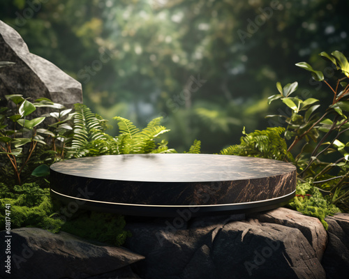 Nature-Inspired Stone Product Display Podium Against a Serene Garden Backdrop: Showcasing Elegance and Harmony Generative ai