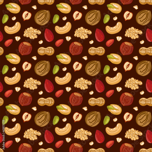 Seamless pattern with various nuts on a dark background. Almonds, walnuts, cashews, pistachios, cashews, peanuts and hazelnuts. Vector illustration of organic healthy food in cartoon flat style.