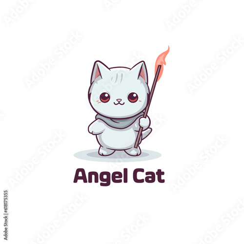 cartoon white angel cat carrying a cane. logo mascot vector illustration © Goat_Team