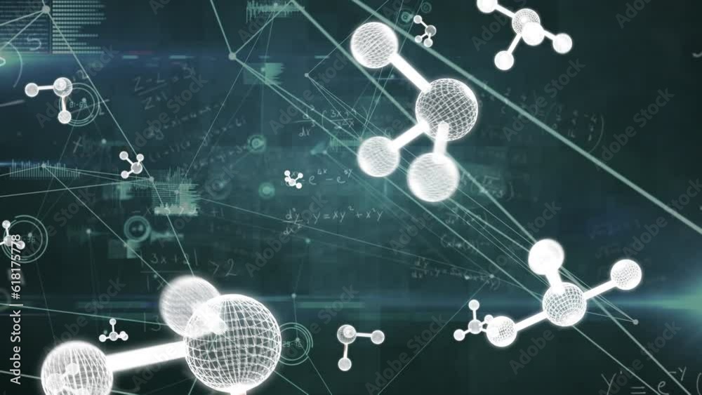 Animation of molecules and mathematical equations over connections on black background Animation of molecules and mathematical equations over connections on black background