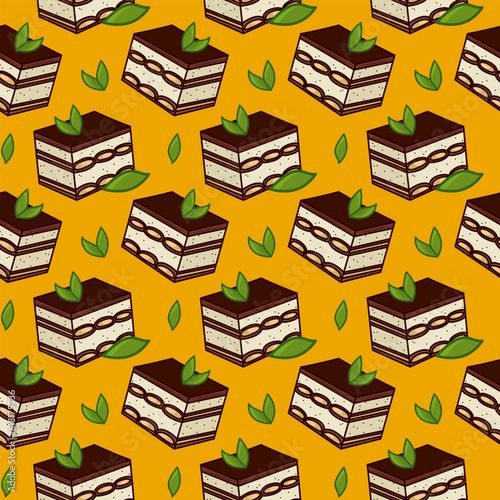 Seamless vector pattern of Italian dessert - tiramisu. Vector illustration for textiles and packaging.