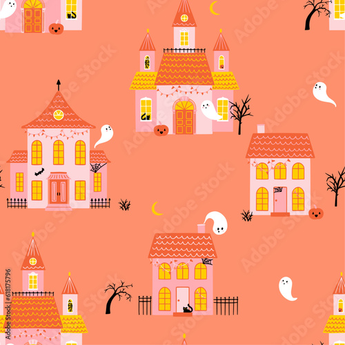 Halloween Haunted Houses Seamless Pattern