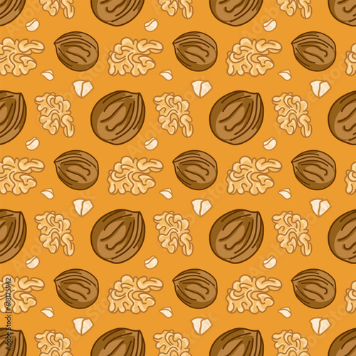 Vector seamless pattern of cartoon walnuts on a yellow background. The pattern is suitable for textiles and packaging