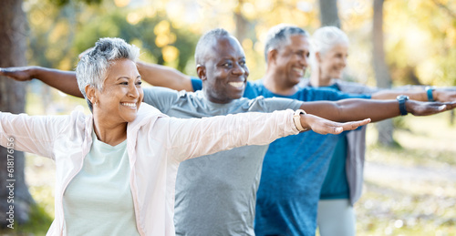 Stretching, yoga and senior people in park for muscle health, workout and training with retirement community. Pilates, exercise and happy elderly friends, group or women and men for fitness in nature