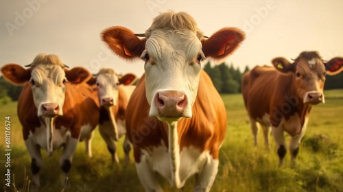grass pasture farming meadow cow agricultural animal livestock cattle nature. Generative AI.