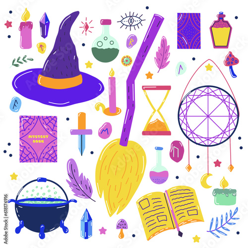 Witch halloween set of hand-drawn mystic elements in bright colors