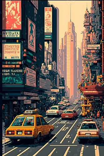 Generate high detailed real view of Manhattan streets streets structures poster style following the linked image 8bit26 