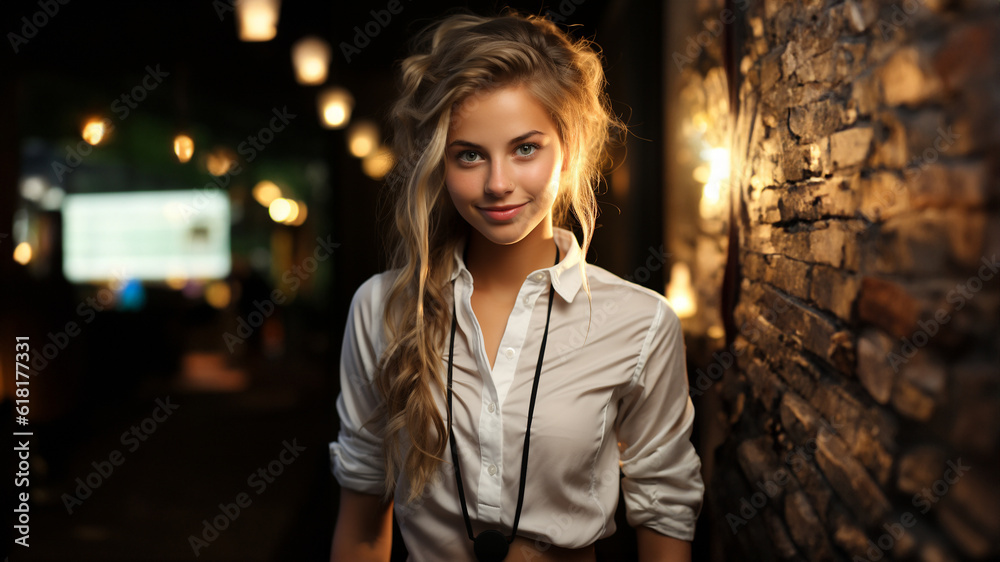 Freundliche blonde Frau Bedienung im Restaurant in weißer Bluse lächelt freundlich, ai generativ