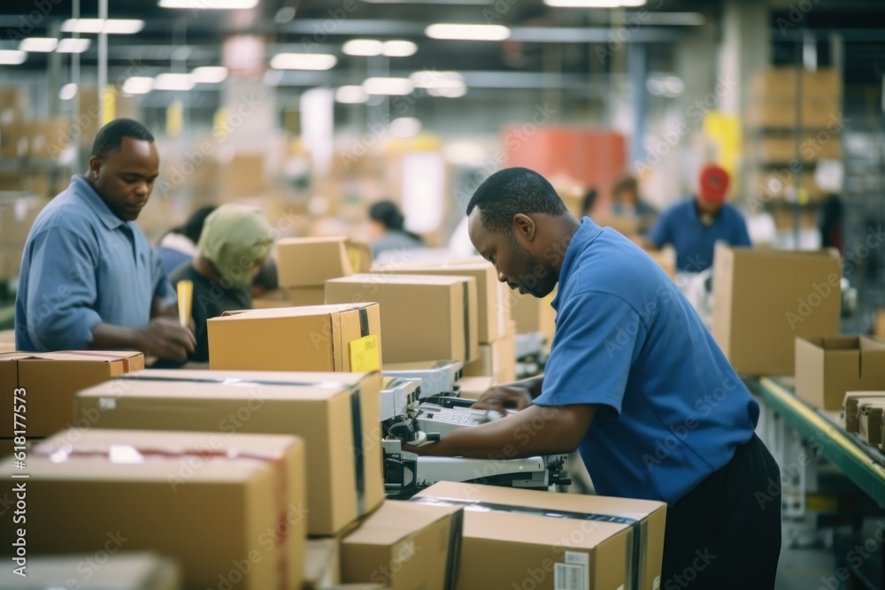 a candid photo of sorter workers working at post delivery service warehouse shelves filled with cardboard boxes and packages packets. Generative AI a candid photo of sorter workers working at post delivery service warehouse shelves filled with cardboard boxes and packages packets. Generative AI