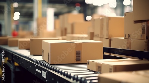 a photo of a post delivery service warehouse shelves filled with cardboard boxes and packages packets moving on a conveyor belt for sorting. Generative AI