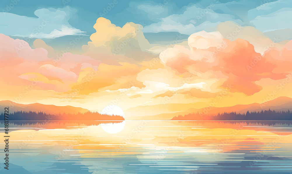 Clouds rising above the lake in a sunrise mood, in the style of realistic yet stylized, matte background, ethereal landscape, soft-edged. Clouds rising above the lake in a sunrise mood, in the style of realistic yet stylized, matte background, ethereal landscape, soft-edged.