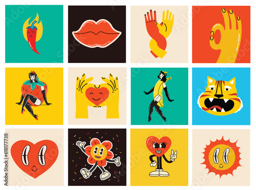 70's groovy square posters, cards or stickers. Retro print with hippie cute colorful funky character concepts of crazy geometric, dripping emoticon. Only good vibes sentence