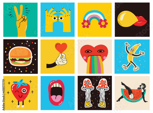70's groovy square posters, cards or stickers. Retro print with hippie cute colorful funky character concepts of crazy geometric, dripping emoticon. Only good vibes sentence