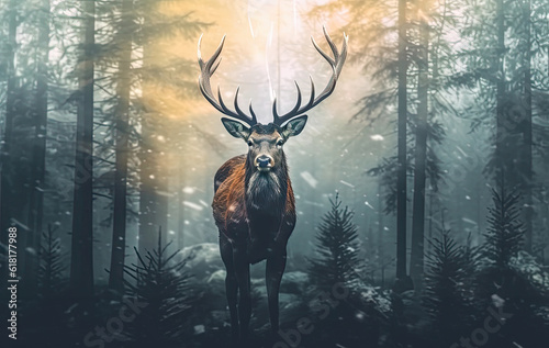 Double exposure of a red deer portrait and a beautiful foggy landscape of a pine forest.