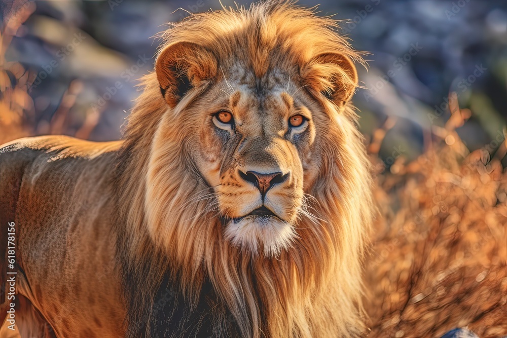 Close up view of wild lion in nature. Generative ai.