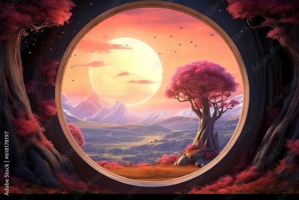 Window with surreal and magical landscape view. Generative ai.