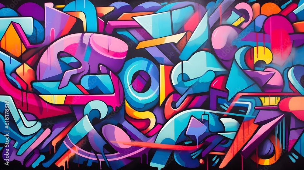 A vibrant and energetic street art-inspired mural painting with bold colors, abstract shapes, and expressive graffiti elements. (Generative AI) - obrazy, fototapety, plakaty 