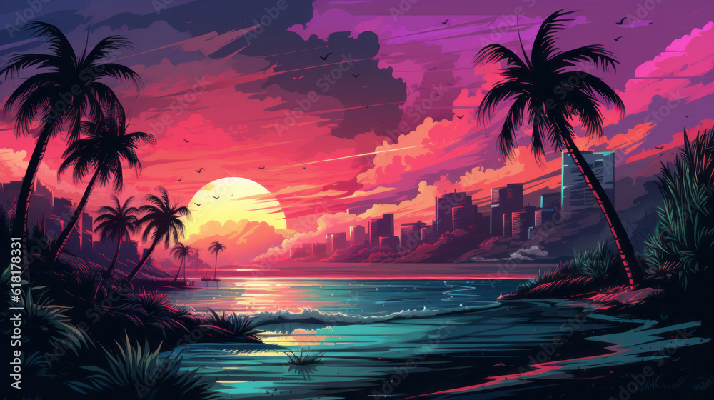 Synthwave style landscape with beach and palm trees and silhouette of building and modern city in background