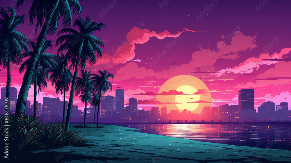 Fototapeta premium Synthwave style landscape with beach and palm trees and silhouette of building and modern city in background