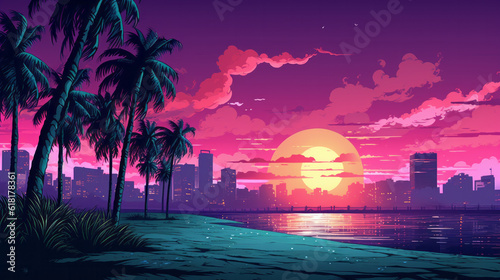 Synthwave style landscape with beach and palm trees and silhouette of building and modern city in background