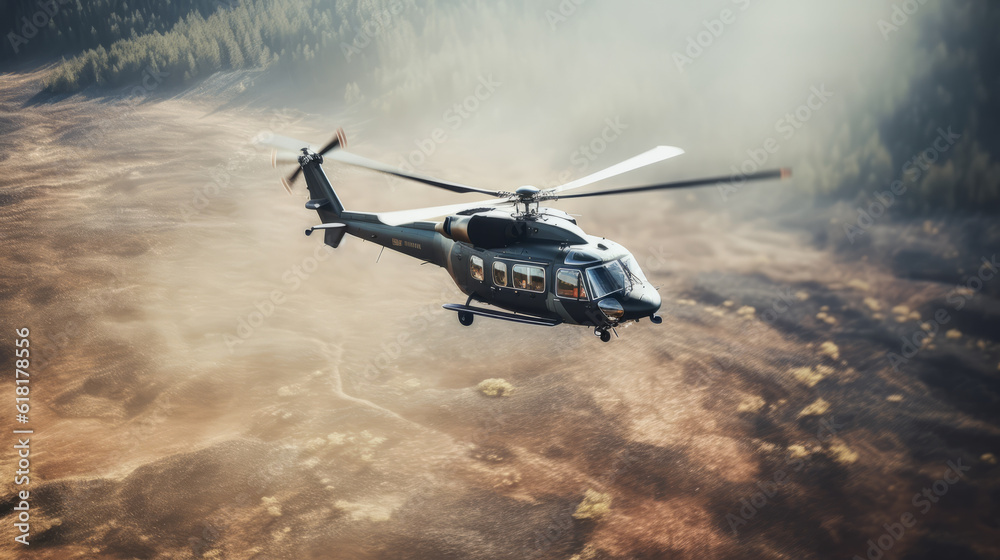 Aerial top view of an helicopter in flight with the ground in backdrop