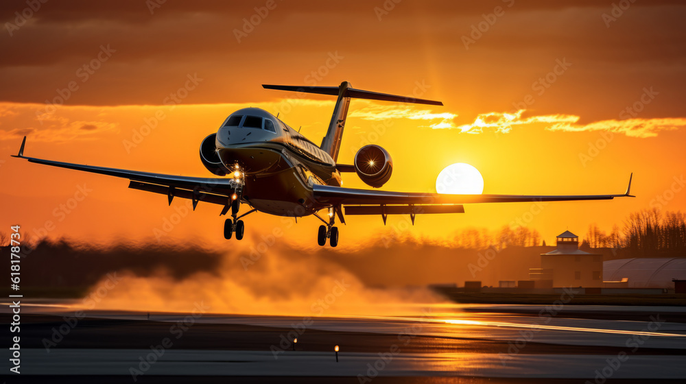 Private jet plane taking off with sunset backlight