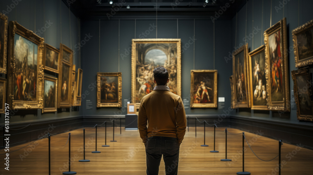 Back of an adult person looking at renaissance style paintings in an old museum art gallery - obrazy, fototapety, plakaty 