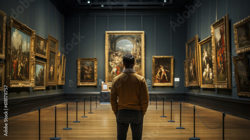 Back of an adult person looking at renaissance style paintings in an old museum art gallery photo
