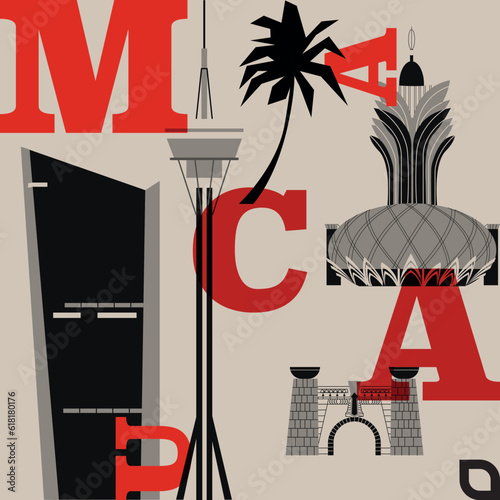 Typography word Macau branding technology concept. Collection of flat vector web icons. Culture travel set, famous architectures, specialties silhouette. Chiness famous landmark, split video screen