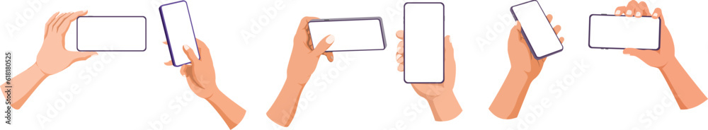 A man holds the smart phone in hand and touches the screen with finger to take photo, video, selfie, sending message.  flat vector illustration set