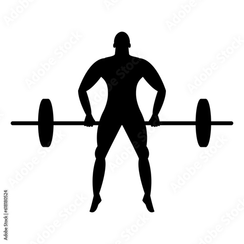 Man strongman lifts the bar. Black silhouette. Bodybuilder.