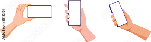 Hand holding smartphone, phone mockup, empty screen, copy space, application on touch screen device isolated on white background.  Flat Vector illustration.