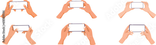 Set hand holding phone in landscape  mode with blank space isolated on white background. take photo, video and playing game concept using smartphone. Icon, Flat cartoon Vector illustration style