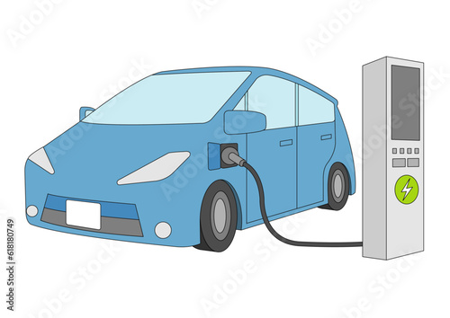 充電中の青い電気自動車のイラスト_3_主線あり
