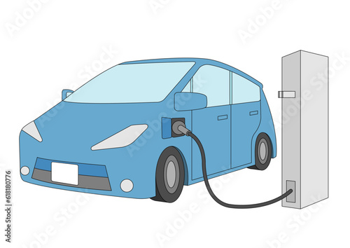 充電中の青い電気自動車のイラスト_4_主線あり
