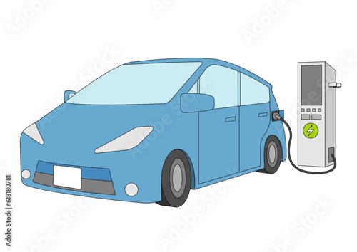 充電中の青い電気自動車のイラスト_5_主線あり
