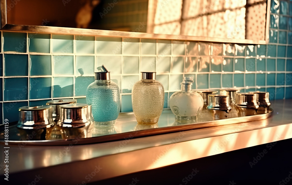 Toilet interior with bottles on a shelf created with Generative AI technology Toilet interior with bottles on a shelf created with Generative AI technology