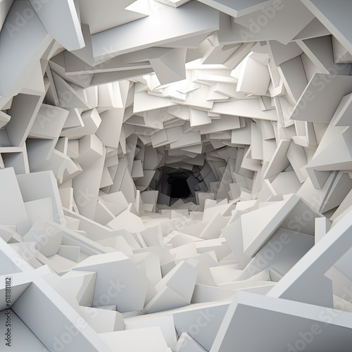 Fototapeta Naklejka Na Ścianę i Meble -  Abstract square digital background, white tunnel interior with dark end and walls made of chaotic blocks. 3d render, AI generated image
