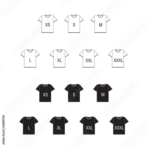 Icono de camisetas en blanco y negro de diferentes tamaños. Vista de frente y de cerca. Vector