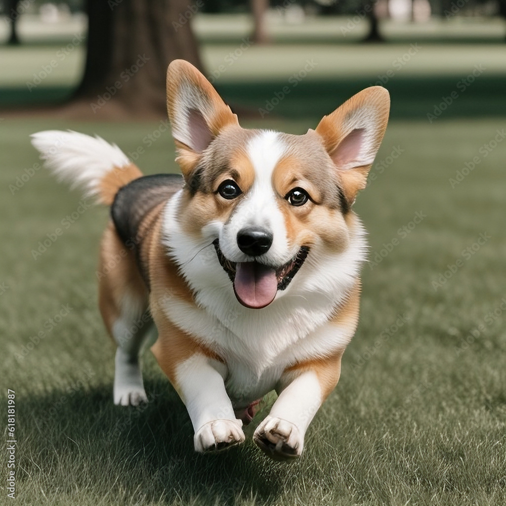 Cute corgi dog running and playing in the park created with generative AI