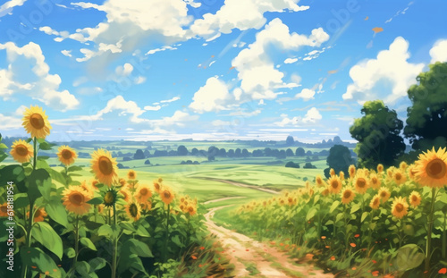 夏のひまわり畑の風景-水彩アニメ背景