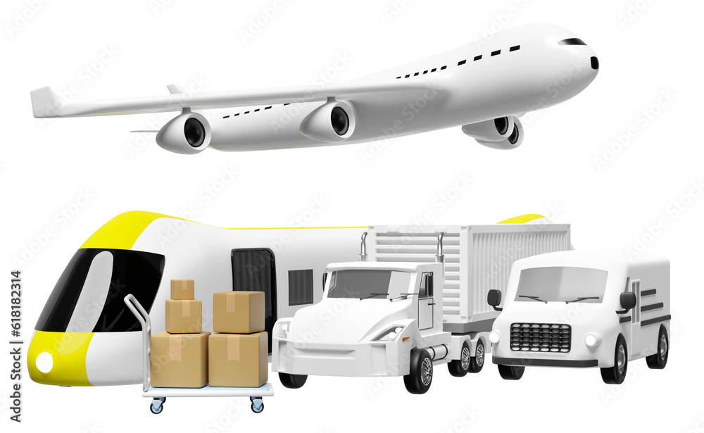 land transport concept, 3d worldwide shipping with truck delivery van, plane, sky train transport isolated. service, transportation, air cargo trucking, railway shipping, 3d render