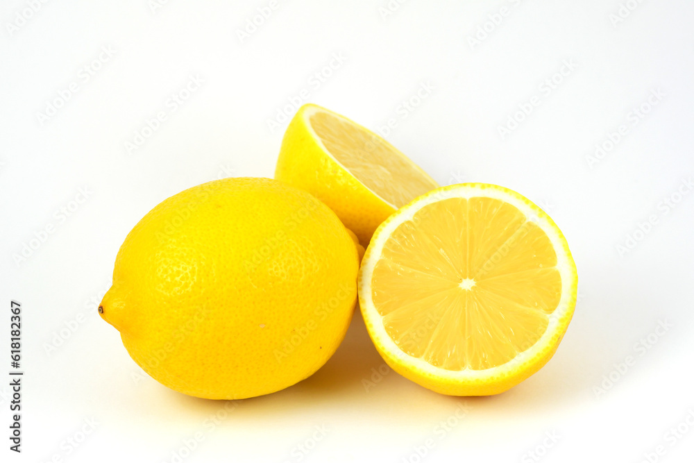 A group of ripe yellow citrus lemon fruit isolated on white background.High vitamin C fruit.