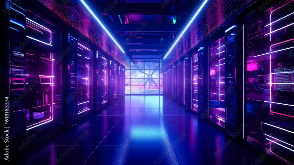 Server hall purple lights, in the style of dark pink and light azure, multimedia, dark black and azure.
Server hall purple lights, in the style of dark pink and light azure, multimedia, dark black and azure.