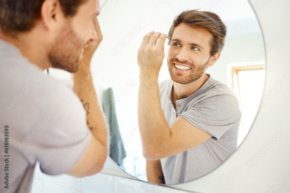 Man, tweezer and eyebrow in bathroom mirror with smile, self care and hygiene to start morning in home bathroom. Young guy, person and tool for beauty, facial cosmetics and wellness for hair removal Man, tweezer and eyebrow in bathroom mirror with smile, self care and hygiene to start morning in home bathroom. Young guy, person and tool for beauty, facial cosmetics and wellness for hair removal