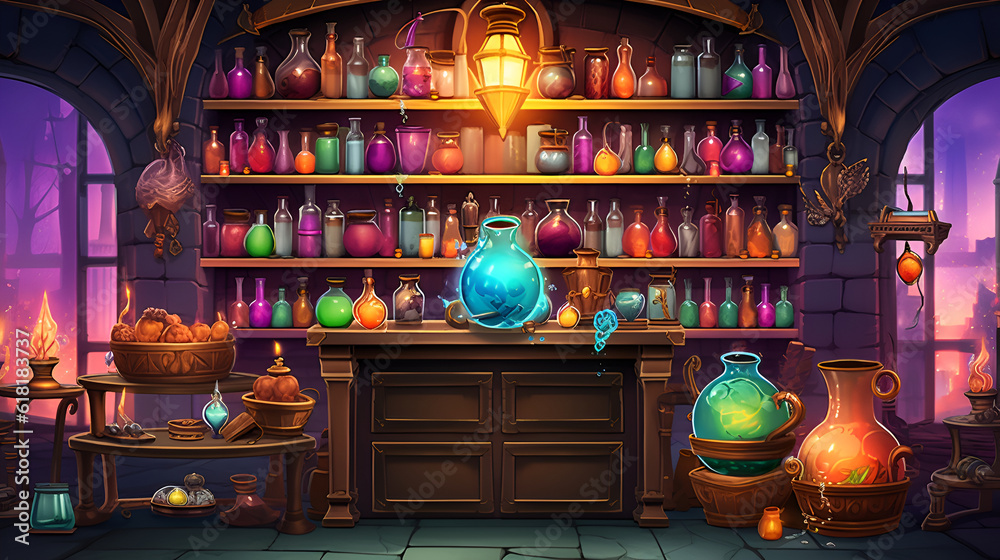 Witch or wizard alchemical laboratory with magic books and potions with mystic glow at night. Alchemist lab interior with wooden furniture. AI illustration. For games and mobile applications.