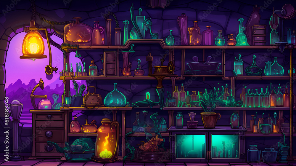 Εκτύπωση καμβά Witch or wizard alchemical laboratory with magic books and potions with mystic glow at night